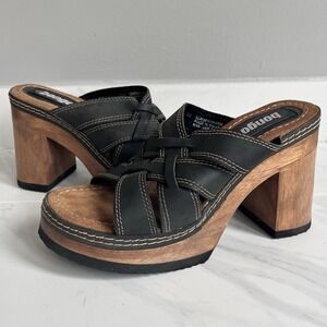 Y2K Bongo Chunky Wooden Platform Sandals Leather Strappy Boho 4" Block Heel 8 M